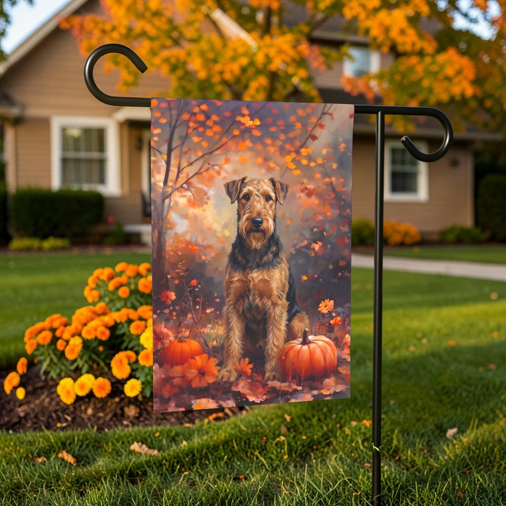 Fall Airedale Terrier with Pumpkins Garden Flag