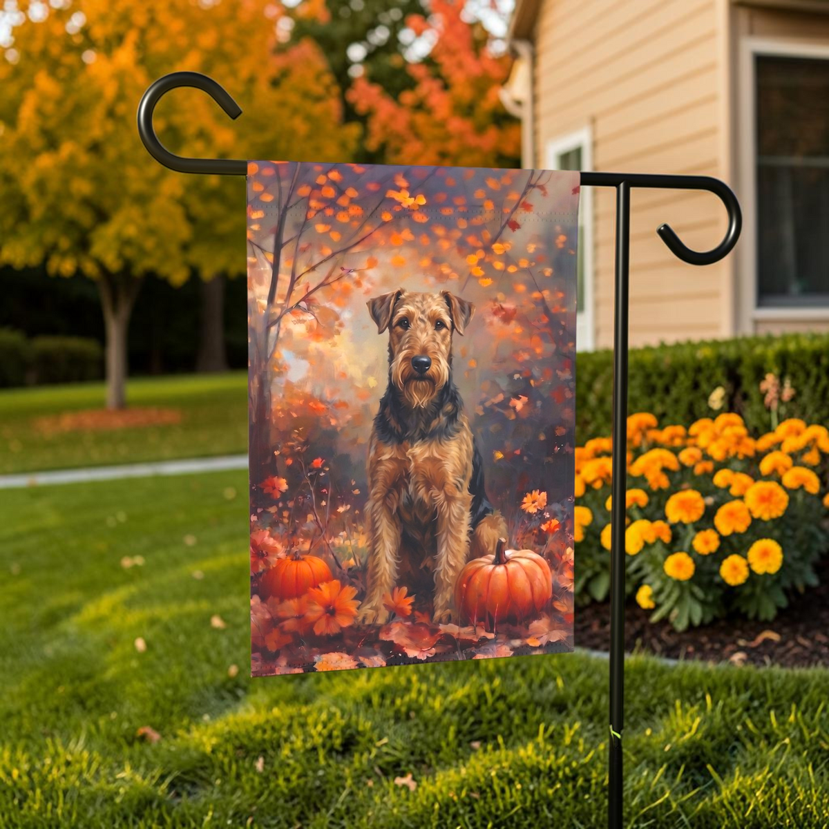 Fall Airedale Terrier with Pumpkins Garden Flag