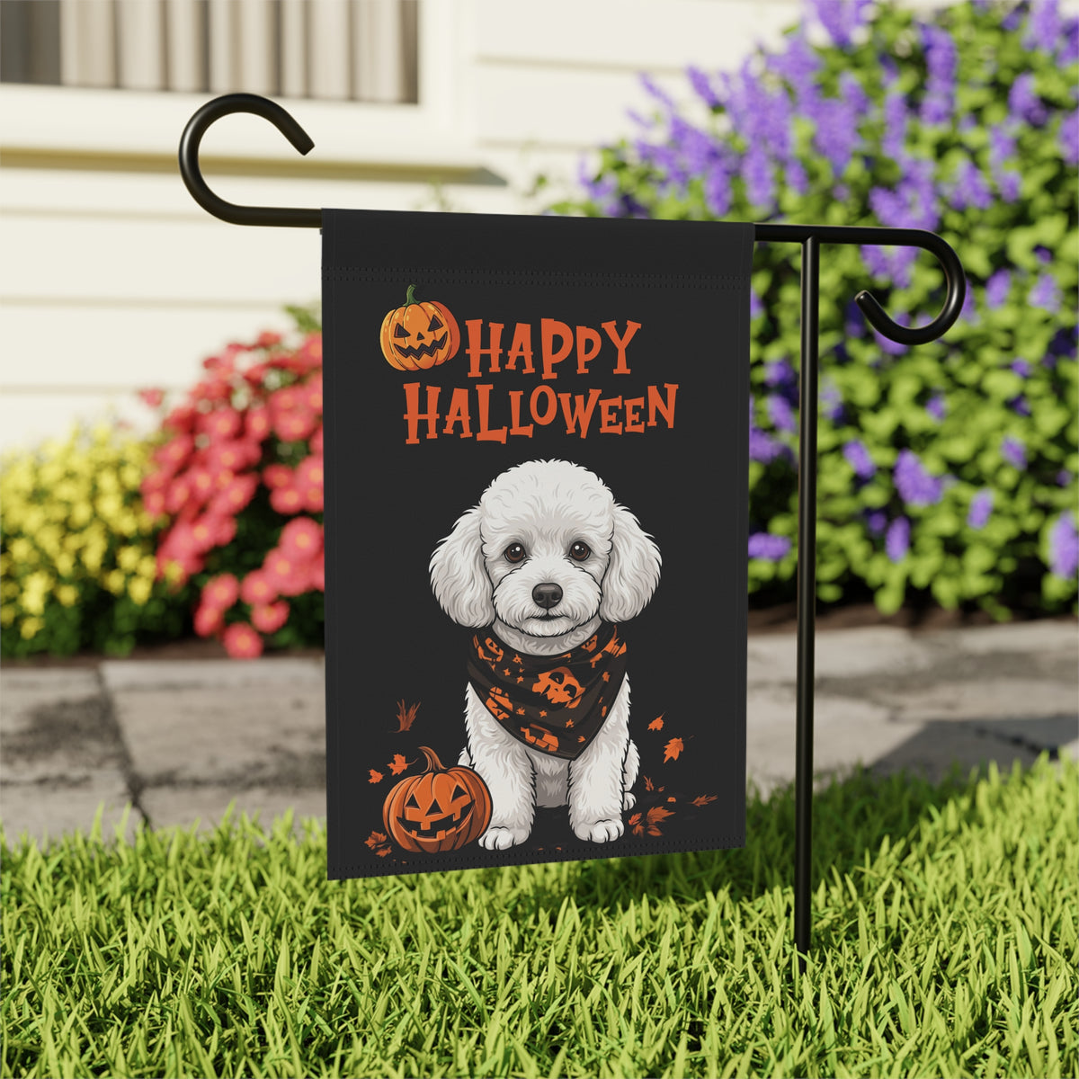 Little Pumpkin And White Toy Poodle Happy Halloween Garden Flag