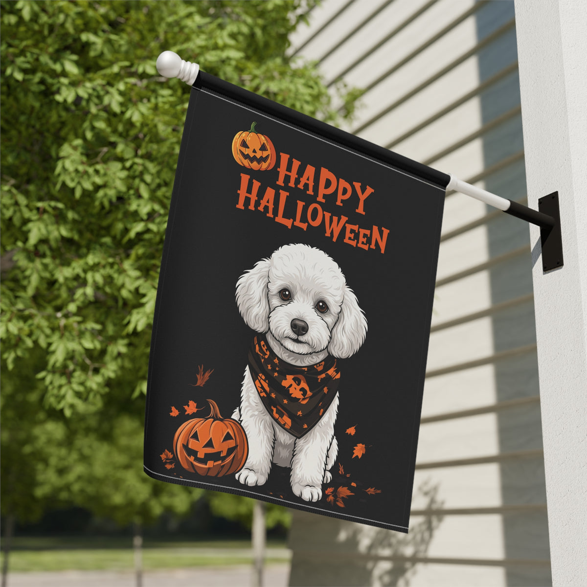 Little Pumpkin And White Toy Poodle Happy Halloween Garden Flag Double Sided
