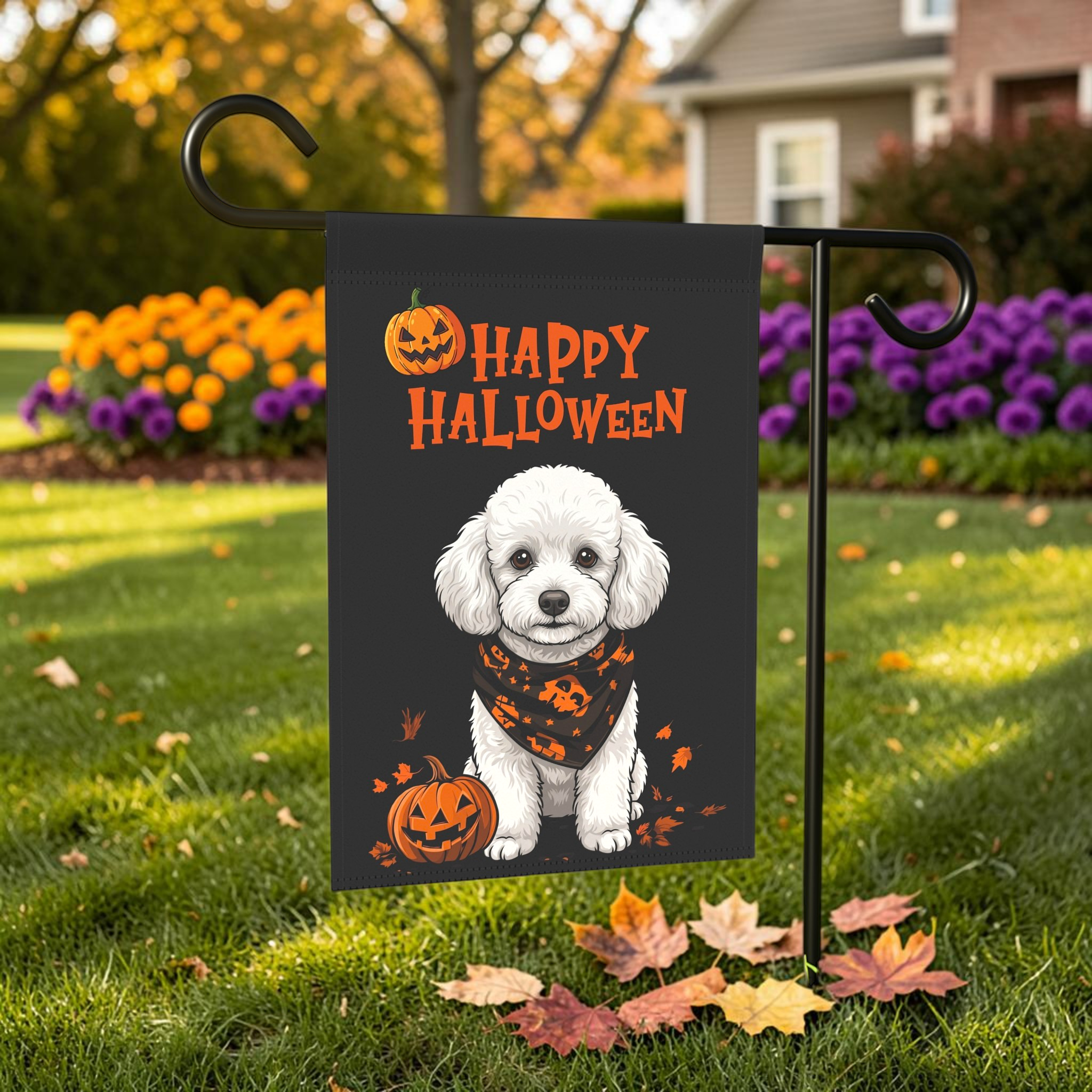 Little Pumpkin And White Toy Poodle Happy Halloween Garden Flag