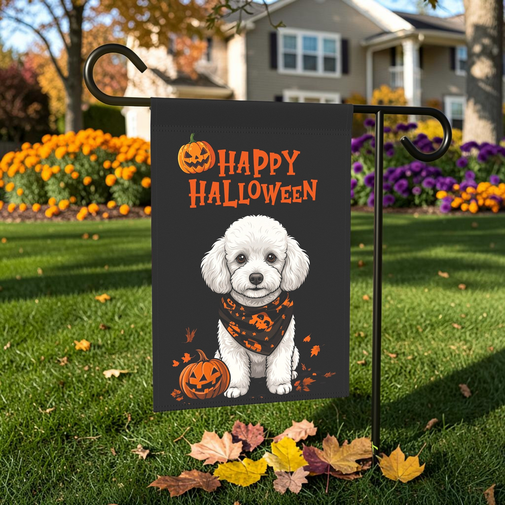 Little Pumpkin And White Toy Poodle Happy Halloween Garden Flag