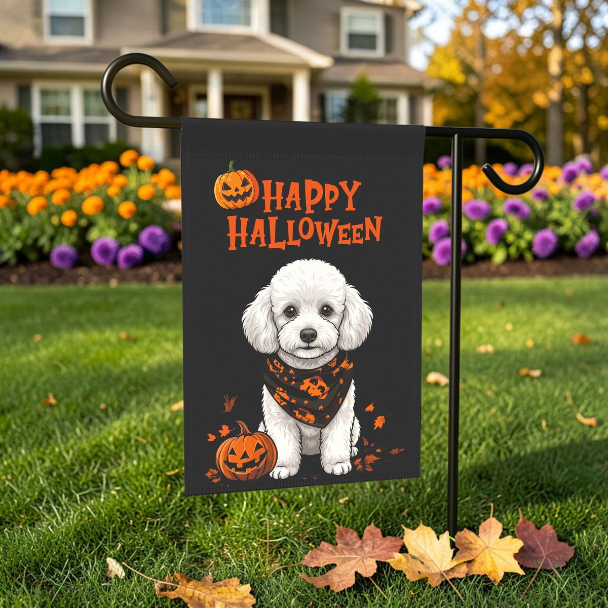 Little Pumpkin And White Toy Poodle Happy Halloween Garden Flag
