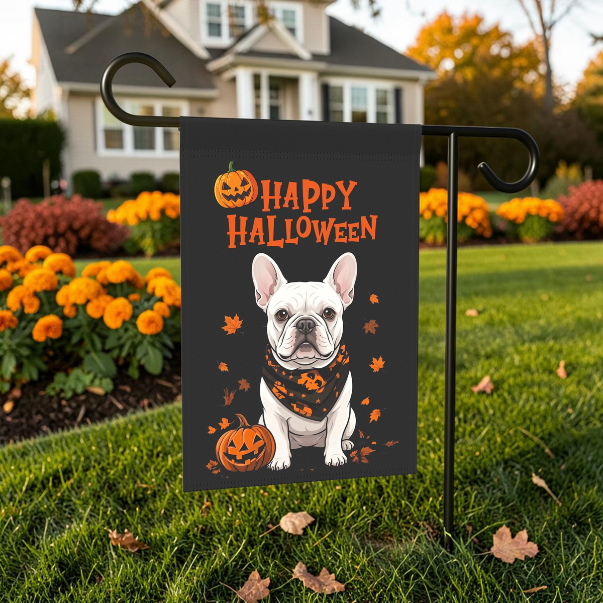 Little Pumpkin and White French Bulldog Happy Halloween Garden Flag