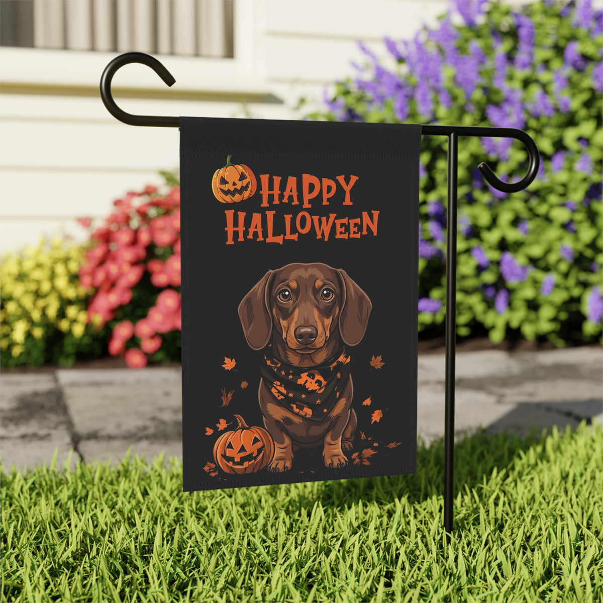 Little Pumpkin and Short Hair Dachshund Happy Halloween Garden Flag