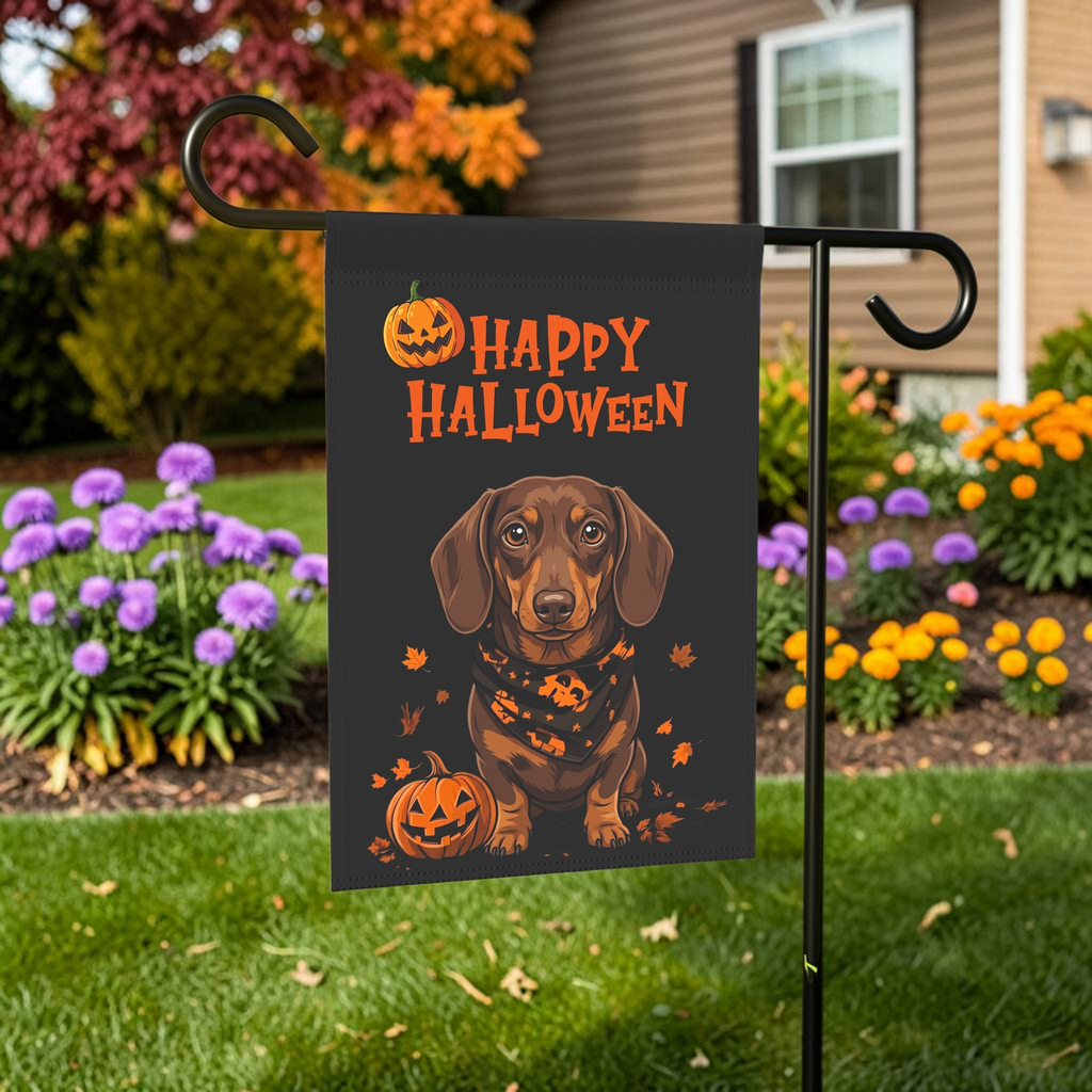 Little Pumpkin and Short Hair Dachshund Happy Halloween Garden Flag