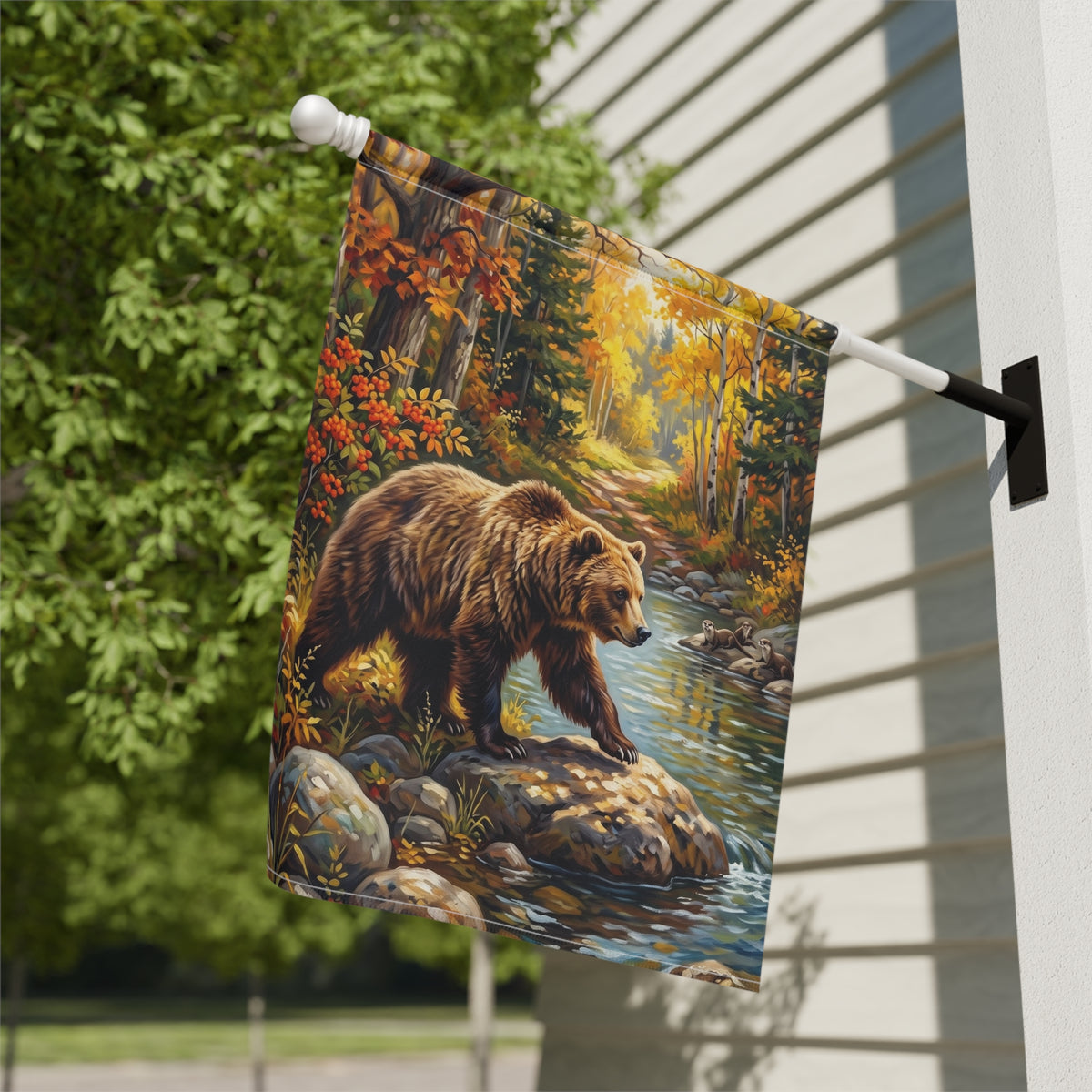 River Rocks Bear in Autumn Garden Flag Double Sided 12x18 24x32 Outdoor