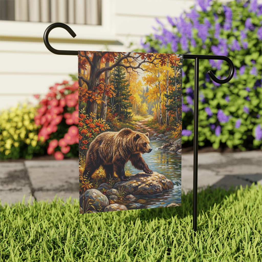 River Rocks Bear in Autumn Garden Flag