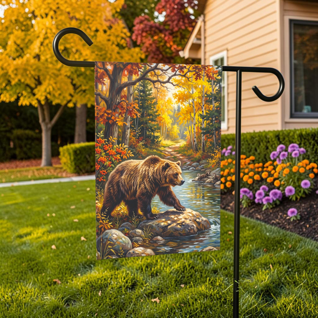 River Rocks Bear in Autumn Garden Flag