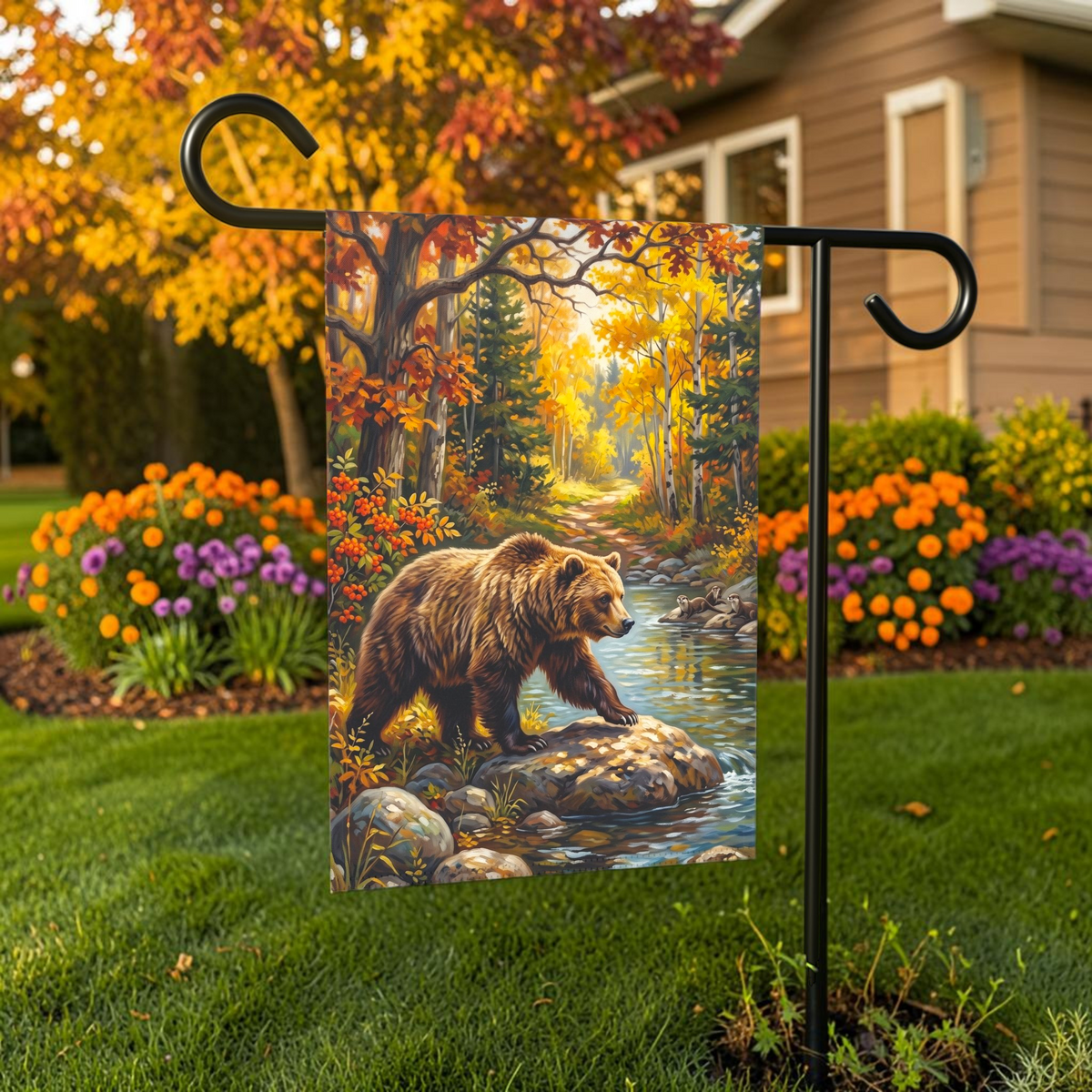 River Rocks Bear in Autumn Garden Flag