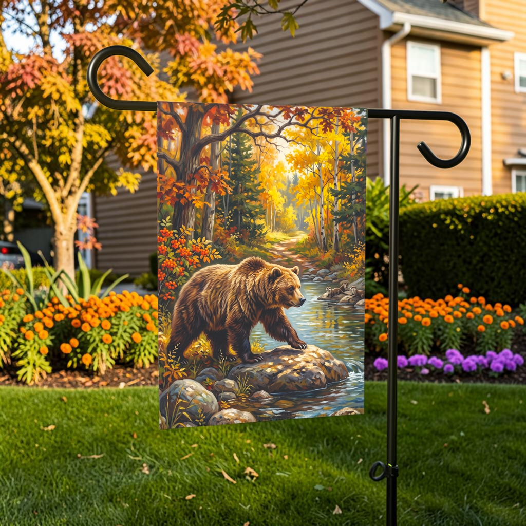 River Rocks Bear in Autumn Garden Flag