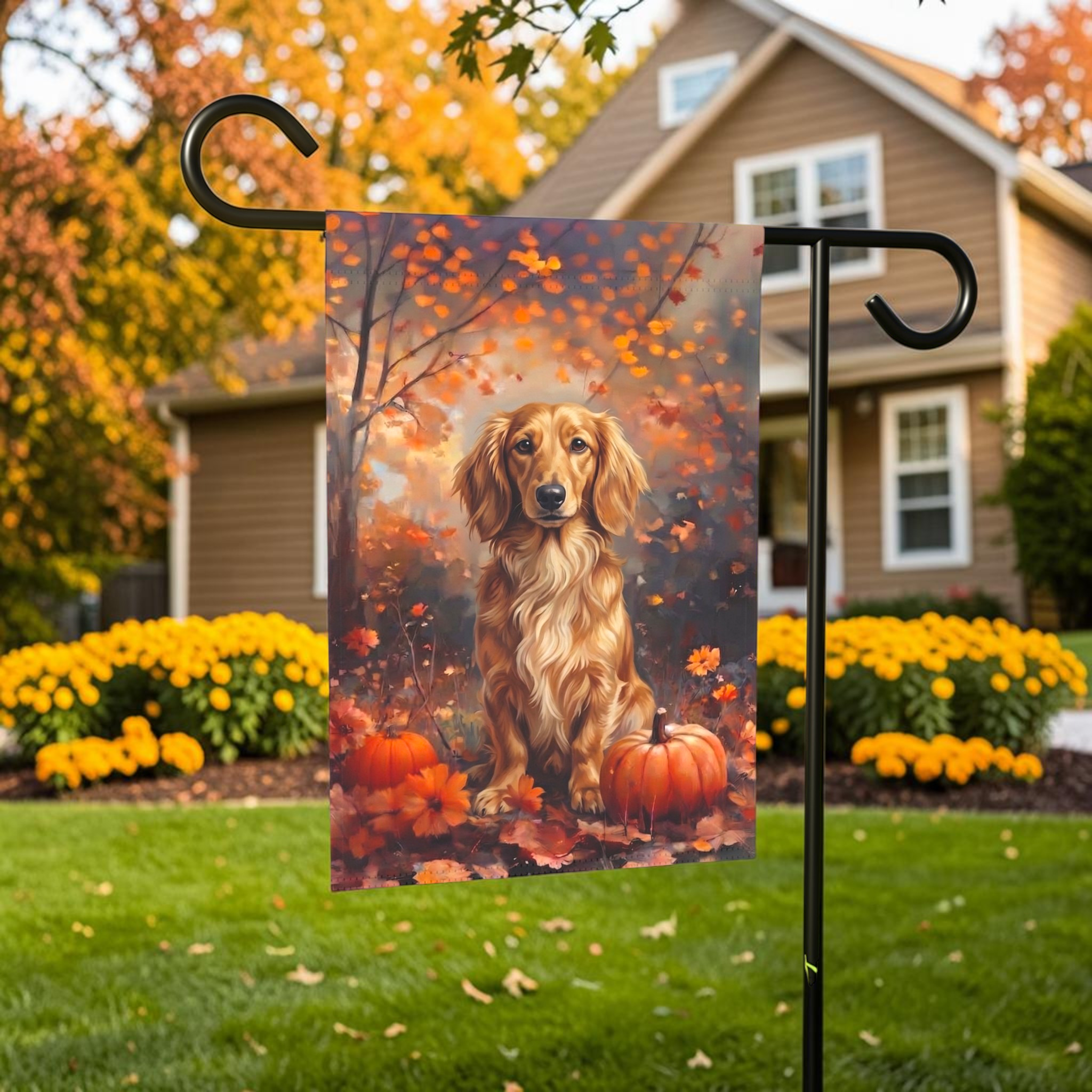 Fall Long Hair Dachshund With Pumpkins Autumn Garden Flag