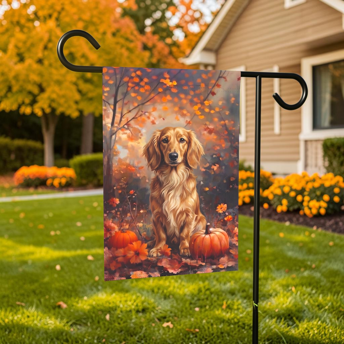 Fall Long Hair Dachshund With Pumpkins Autumn Garden Flag
