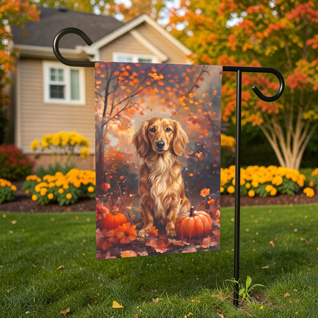 Fall Long Hair Dachshund With Pumpkins Autumn Garden Flag