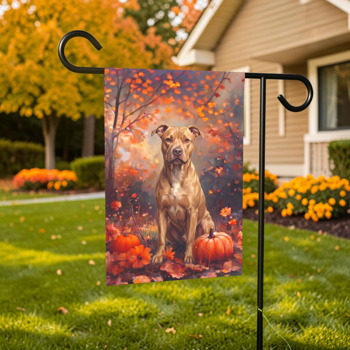 Fall Fawn American Pit Bull Terrier With Pumpkins Autumn Garden Flag