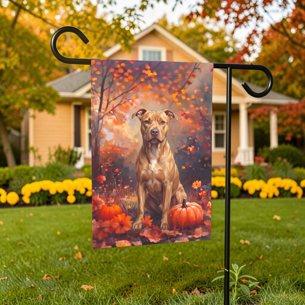 Fall Fawn American Pit Bull Terrier With Pumpkins Autumn Garden Flag