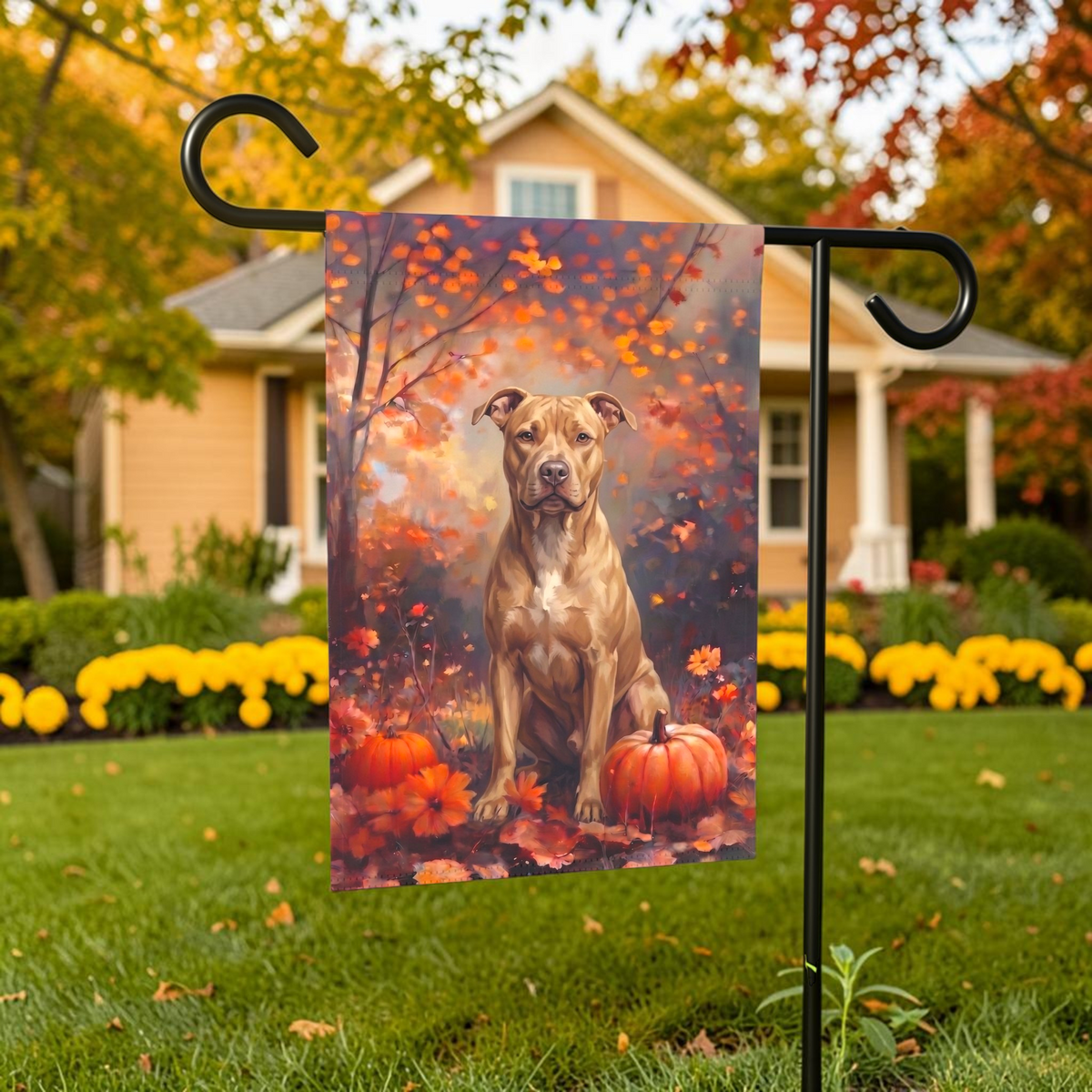 Fall Fawn American Pit Bull Terrier With Pumpkins Autumn Garden Flag