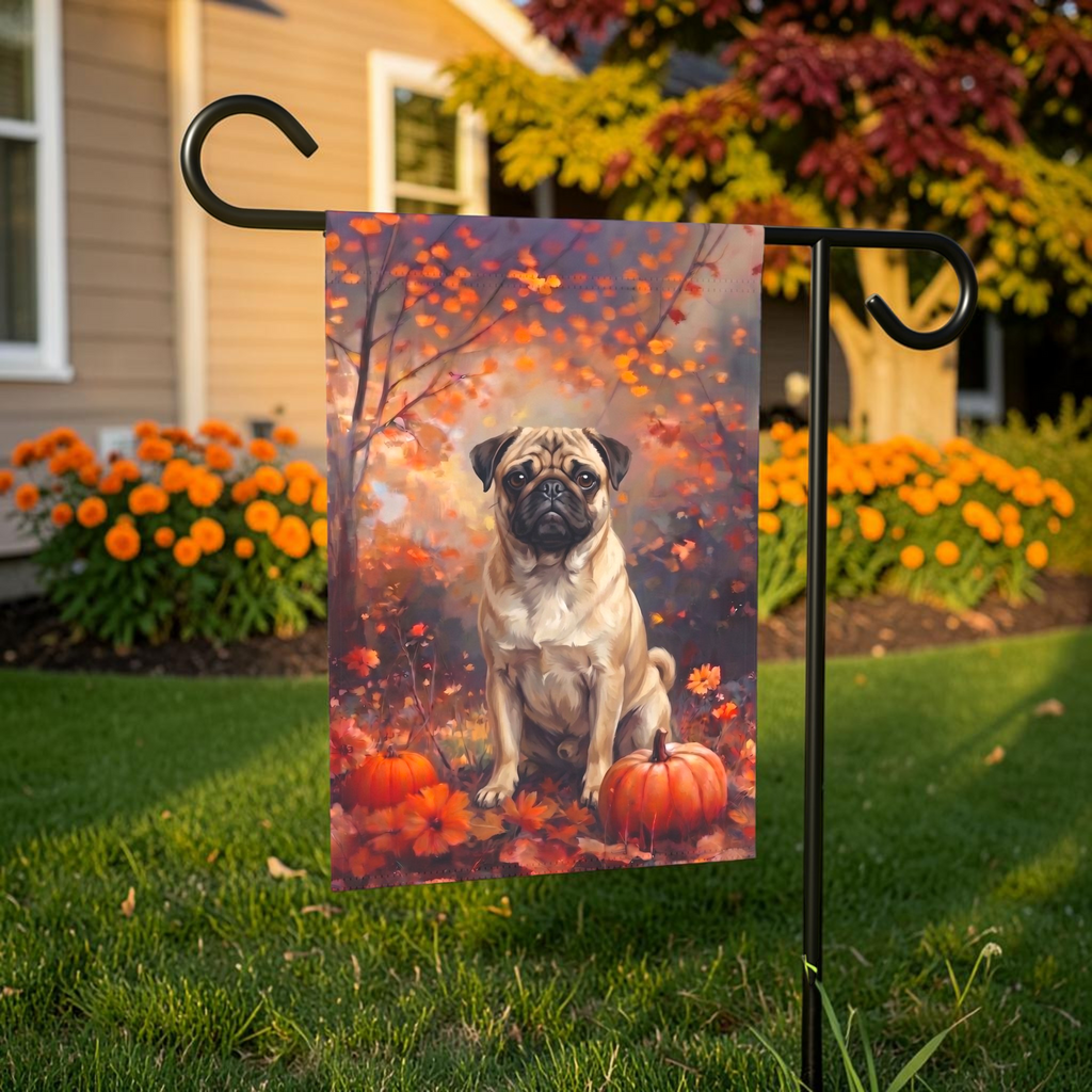 Fall Pug With Pumpkins Autumn Garden Flag
