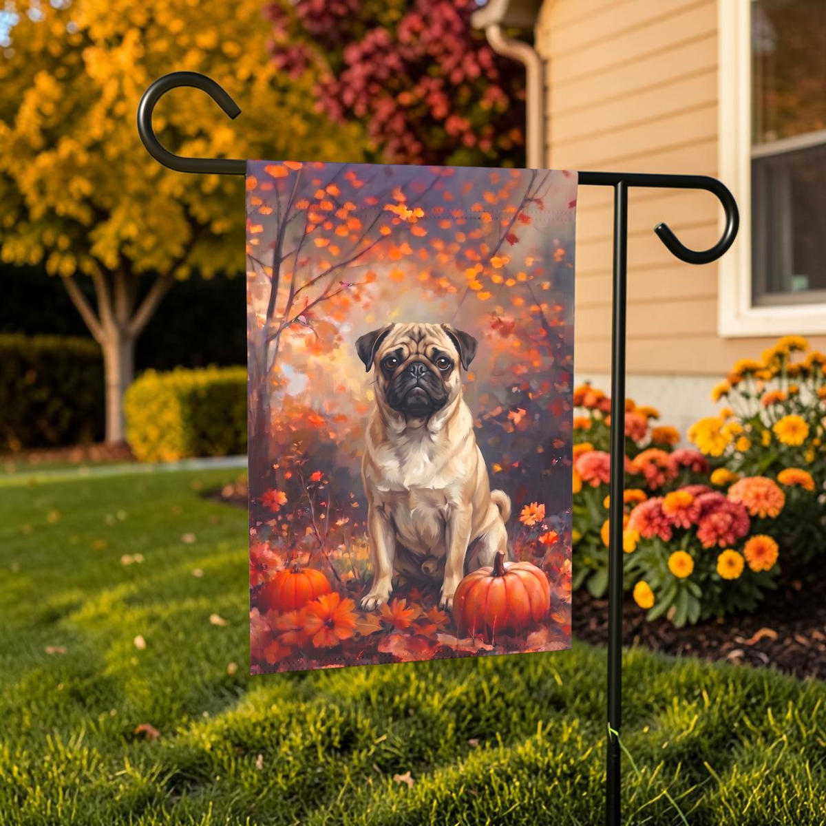 Fall Pug With Pumpkins Autumn Garden Flag