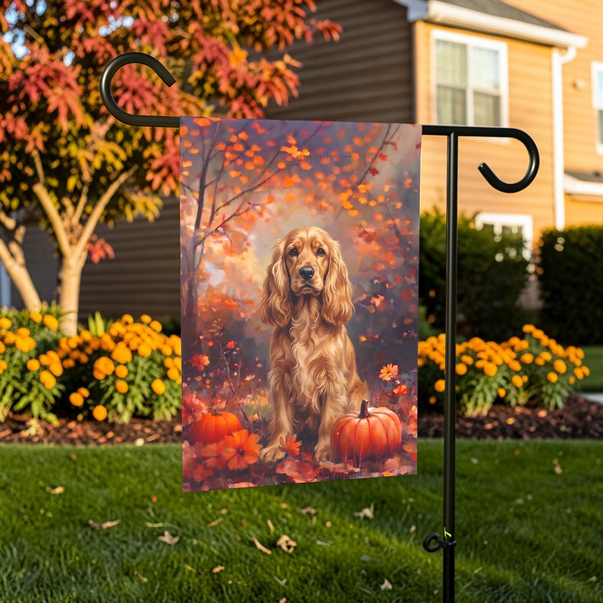 Fall Cocker Spaniel With Pumpkins Garden Flag