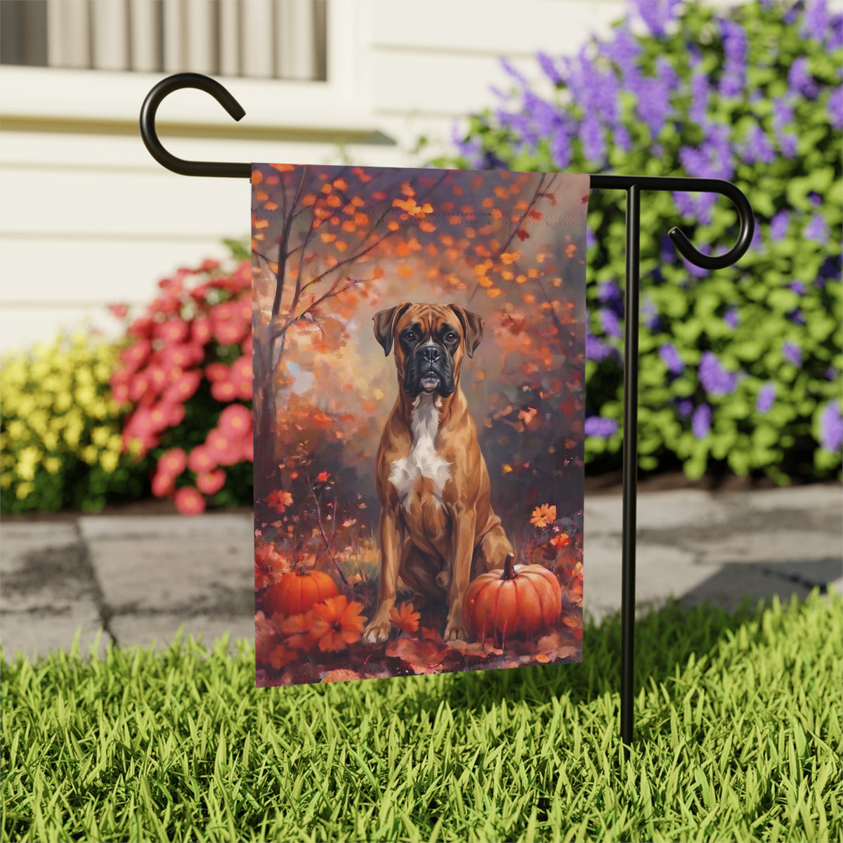 Fall Boxer With Pumpkins Autumn Garden Flag