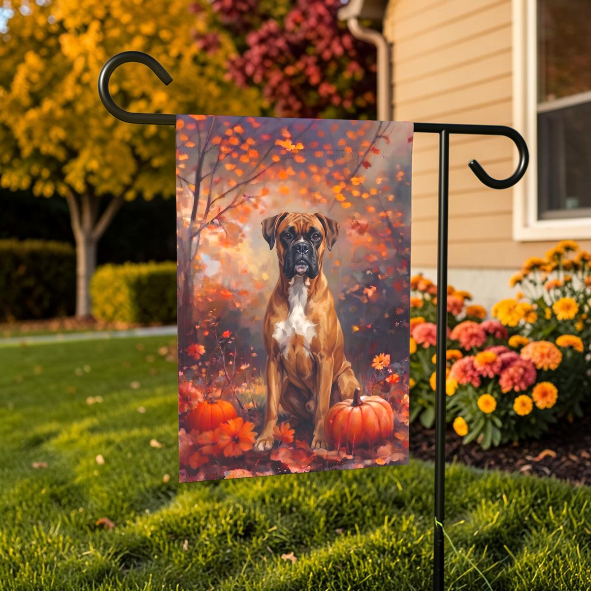 Fall Boxer With Pumpkins Autumn Garden Flag