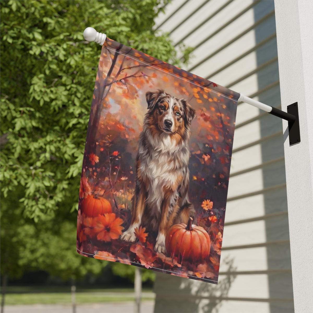 Fall Australian Shepherd With Pumpkins Autumn Garden Flag Double Sided Outdoor