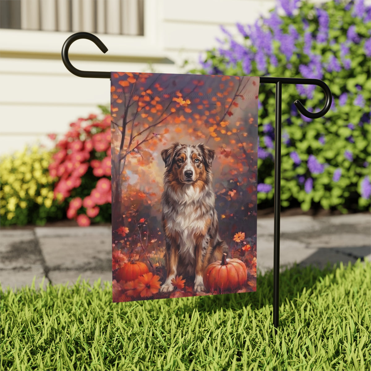 Fall  Australian Shepherd With Pumpkins Autumn Garden Flag