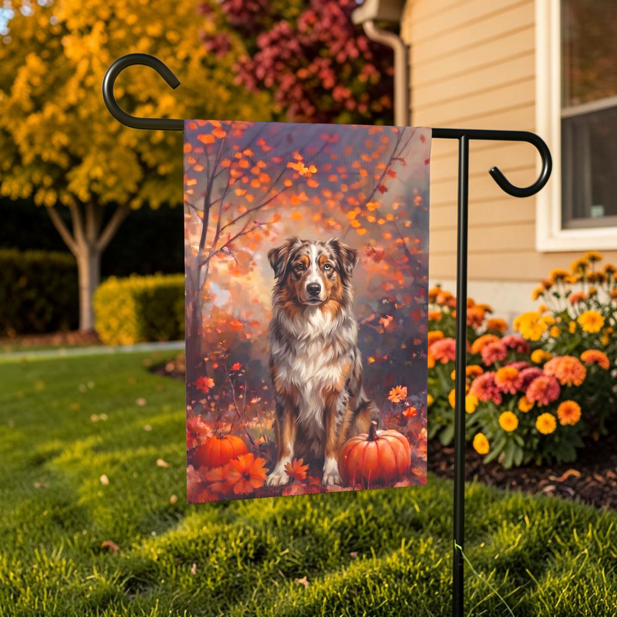 Fall  Australian Shepherd With Pumpkins Autumn Garden Flag