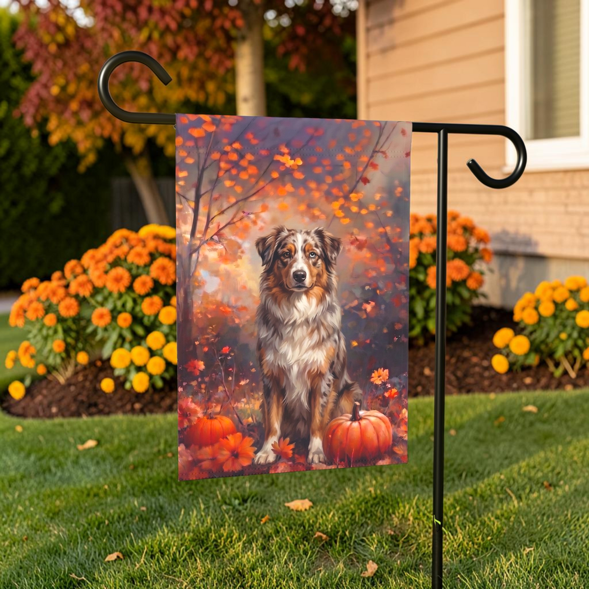 Fall  Australian Shepherd With Pumpkins Autumn Garden Flag