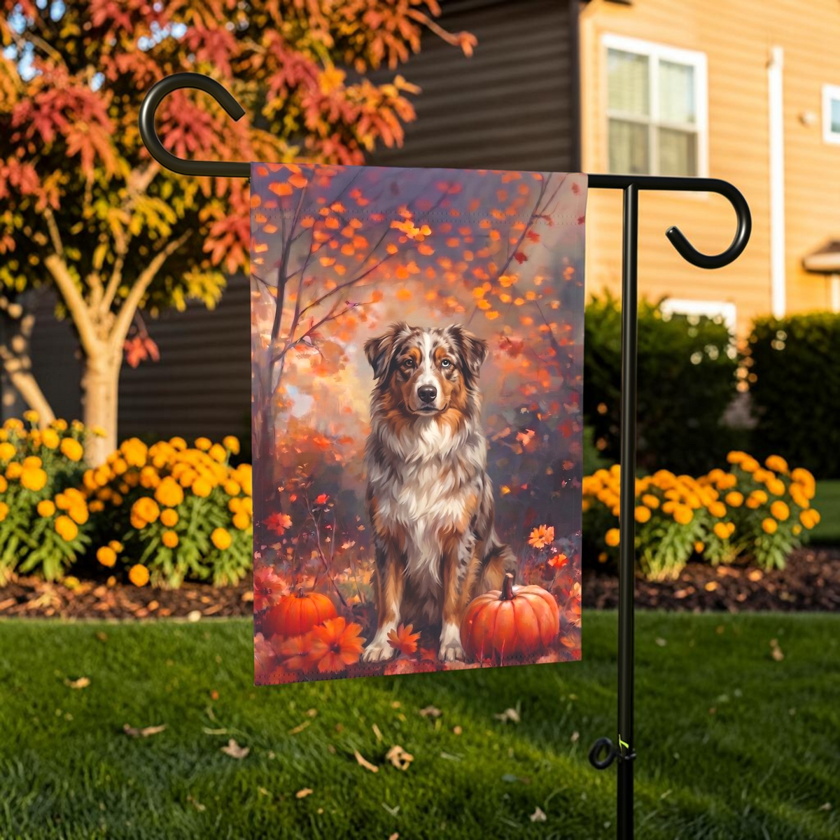 Fall  Australian Shepherd With Pumpkins Autumn Garden Flag