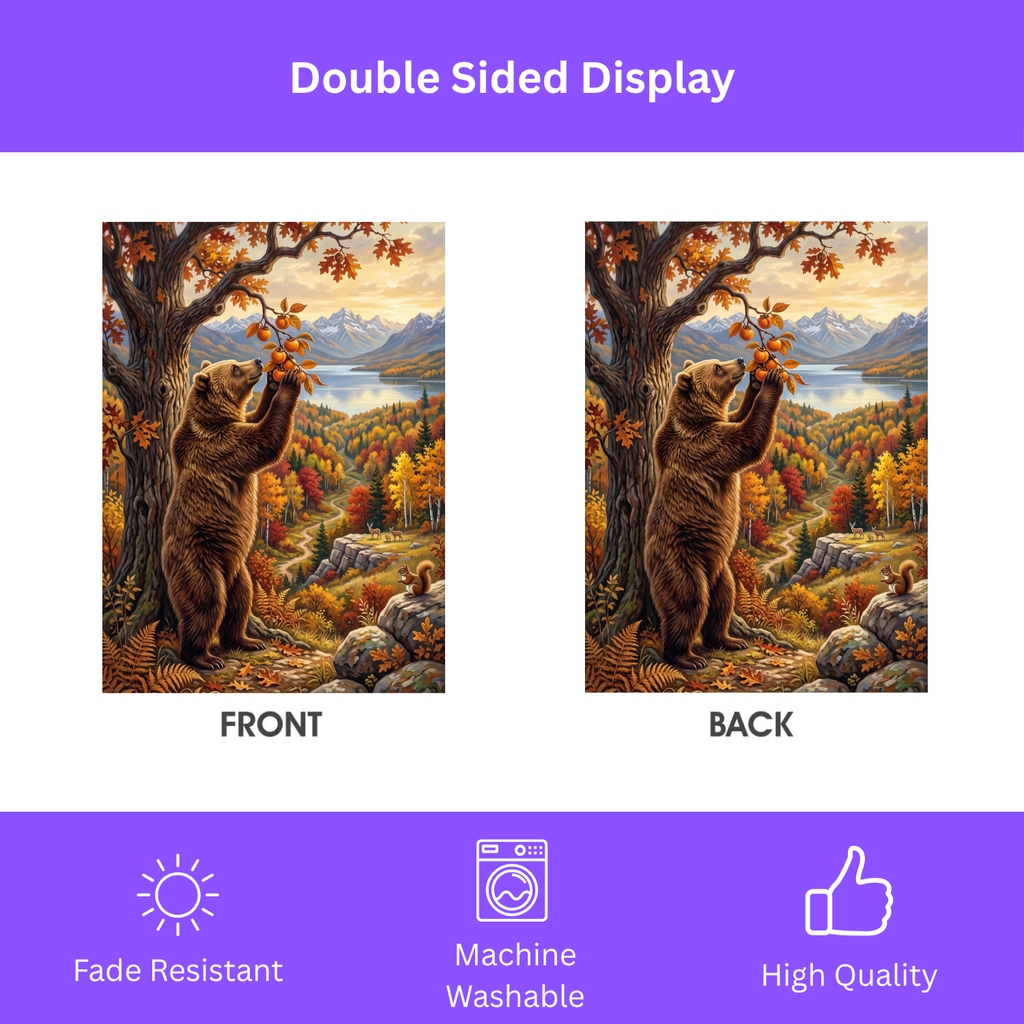 House flag size chart for the Fruit Tree And Bear showing 24.5 inch by 32 inch dimensions with a 3 inch top sleeve