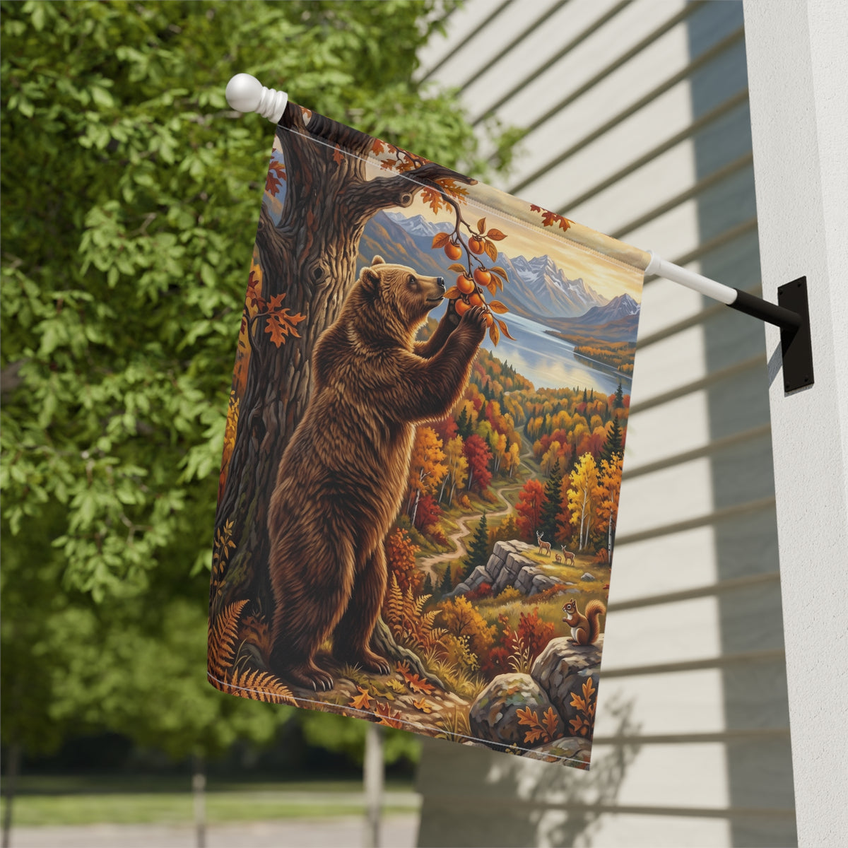 Garden flag size chart for the Fruit Tree And Bear showing 12 inch by 18 inch dimensions with a 1.25 inch top sleeve
