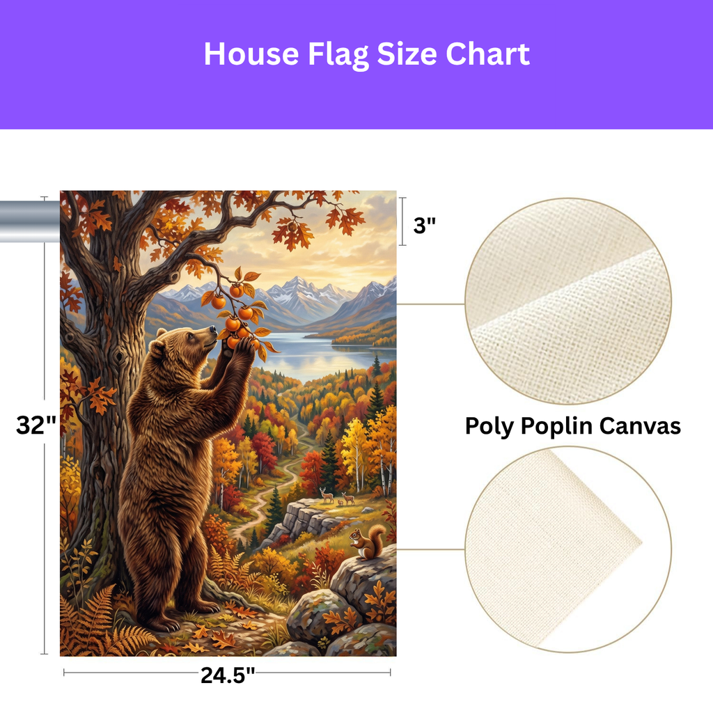 Fruit Tree And Bear garden flag on a stand in a garden bed with seasonal flowers