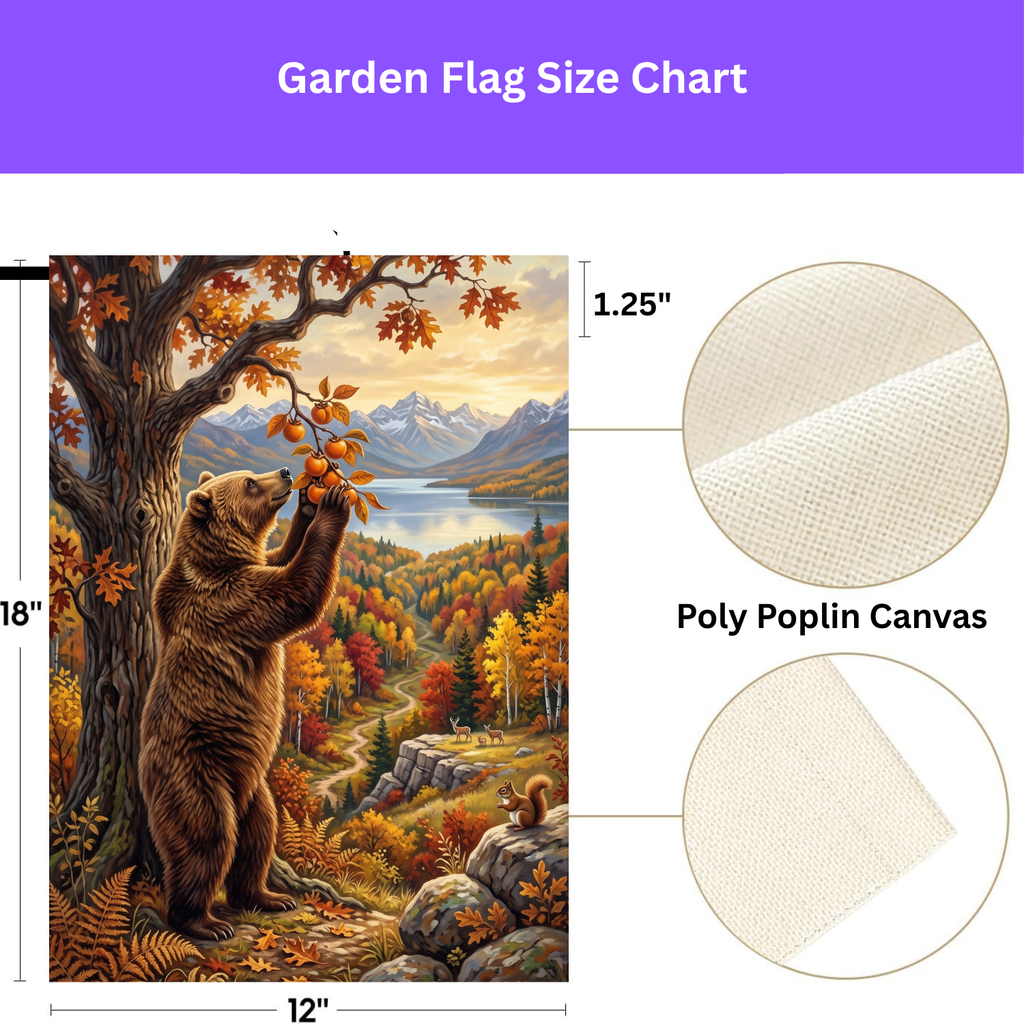 Double-sided display of the Fruit Tree And Bear garden flag showing the identical design on front and back
