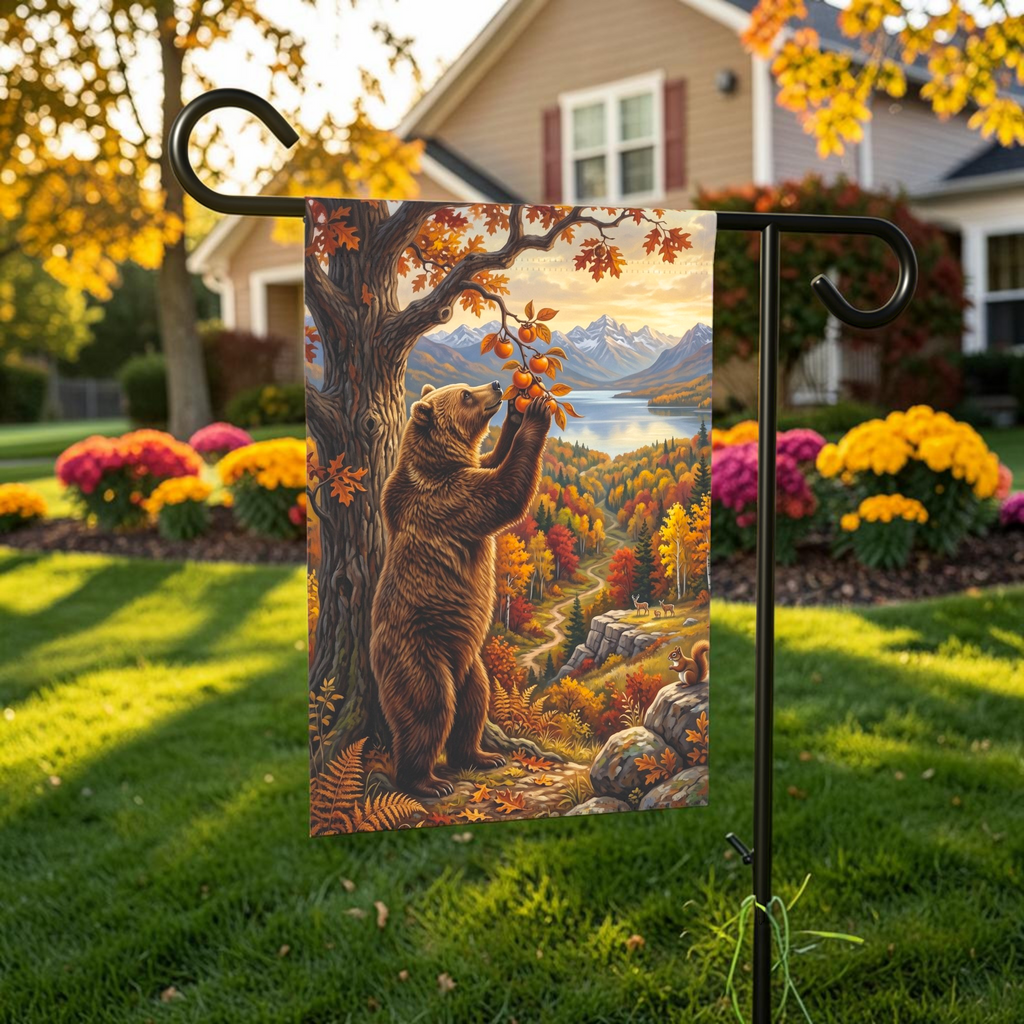Fruit Tree And Bear garden flag on a stand in front of a house with autumn landscaping