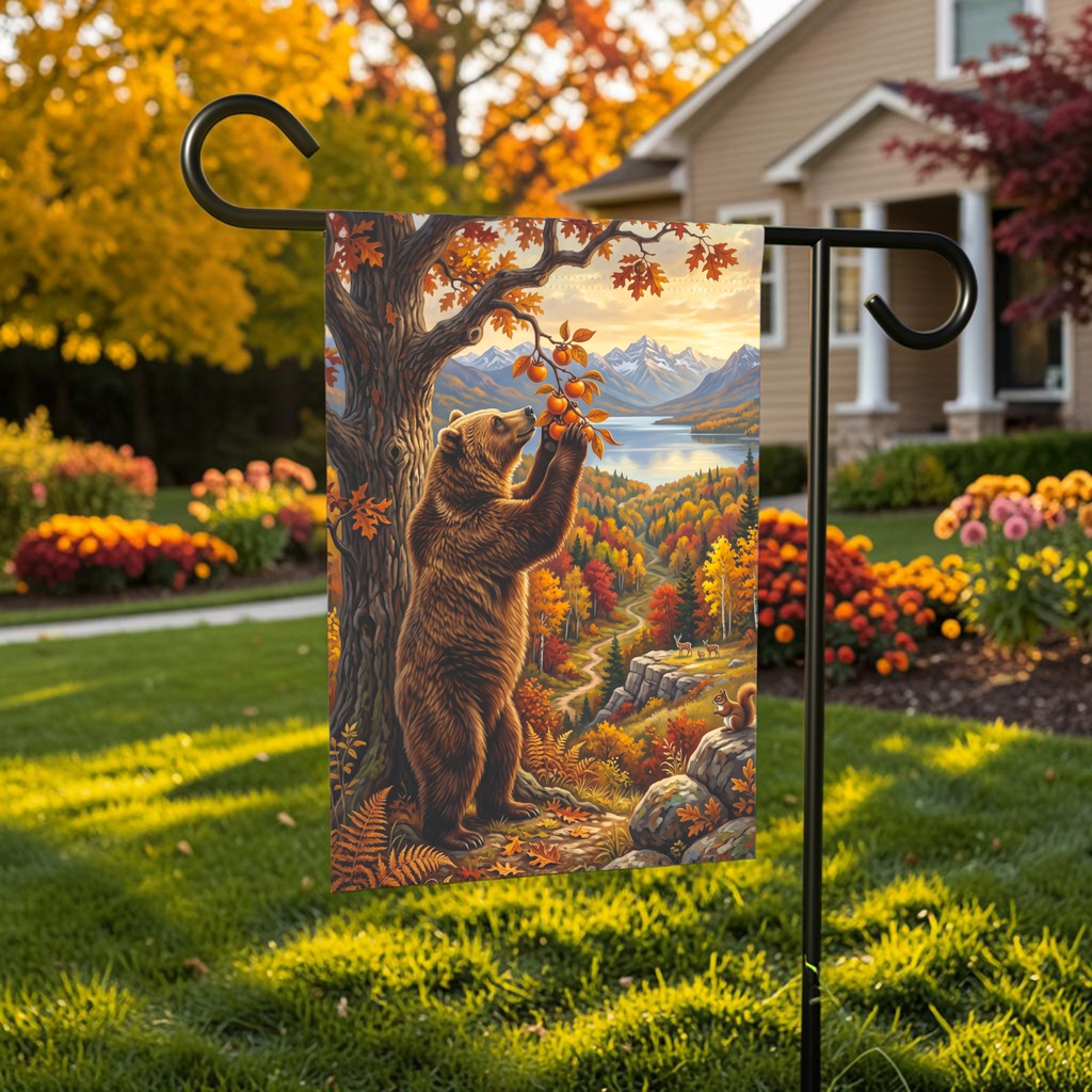 Fruit Tree And Bear garden flag shown on a stand near a walkway with flowers