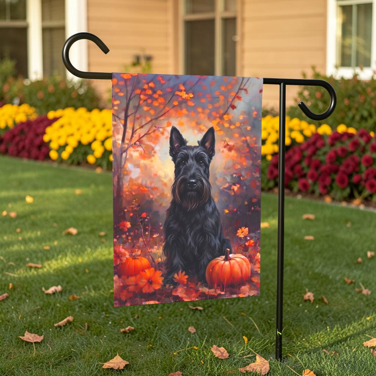 House flag size chart for the Fall Scottish Terrier With Pumpkins showing 24.5 inch by 32 inch dimensions with a 3 inch top sleeve