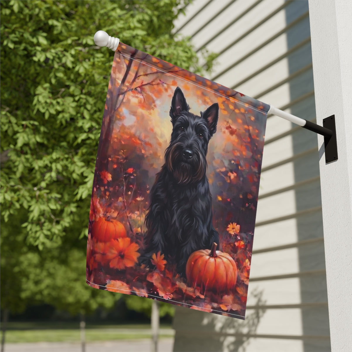 Garden flag size chart for the Fall Scottish Terrier With Pumpkins showing 12 inch by 18 inch dimensions with a 1.25 inch top sleeve