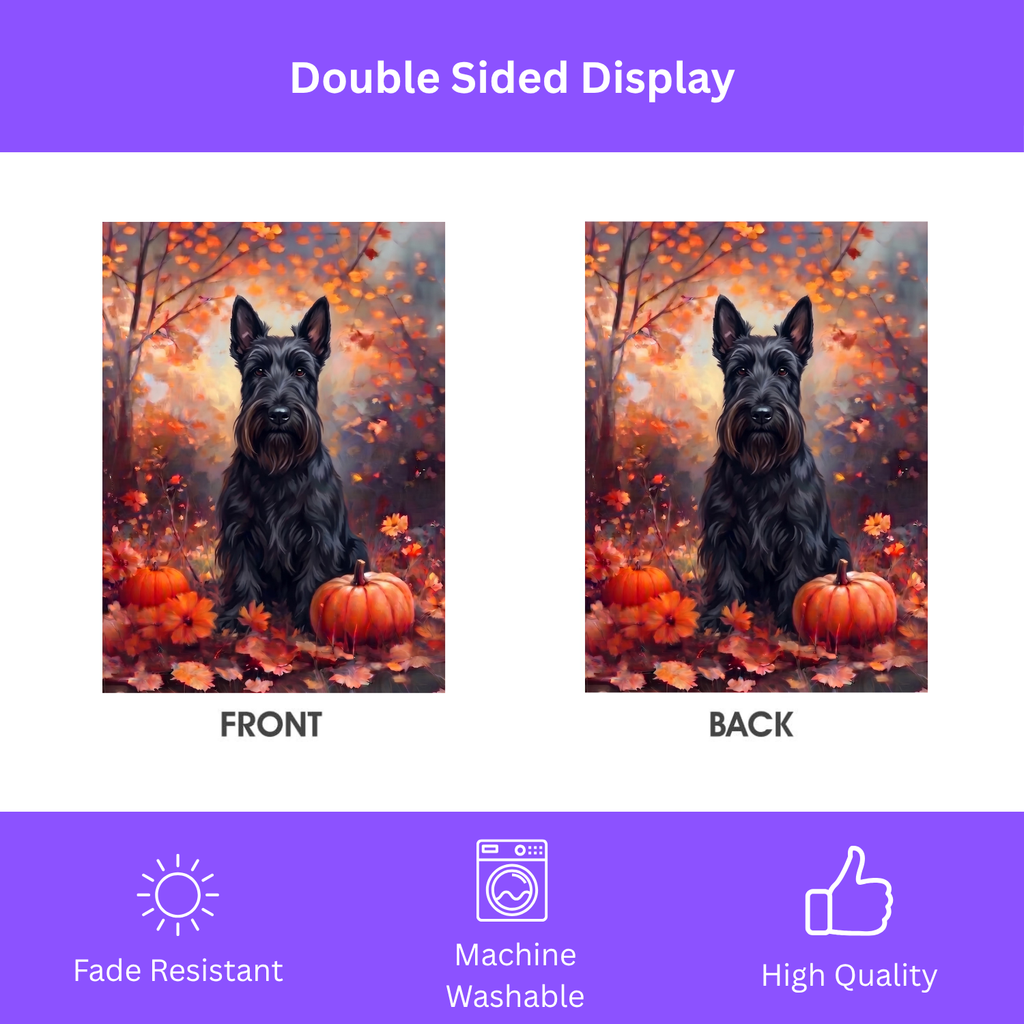 Fall Scottish Terrier With Pumpkins on a garden flag stand in a garden bed with fall flowers