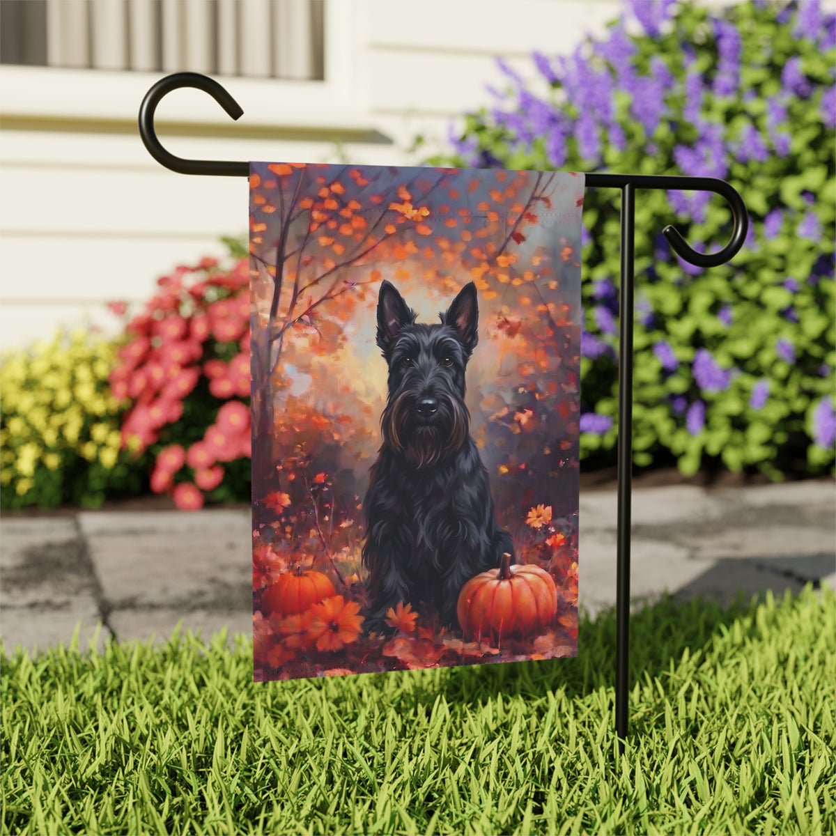 Fall Scottish Terrier With Pumpkins house flag mounted on a wall bracket at an angle against a house exterior