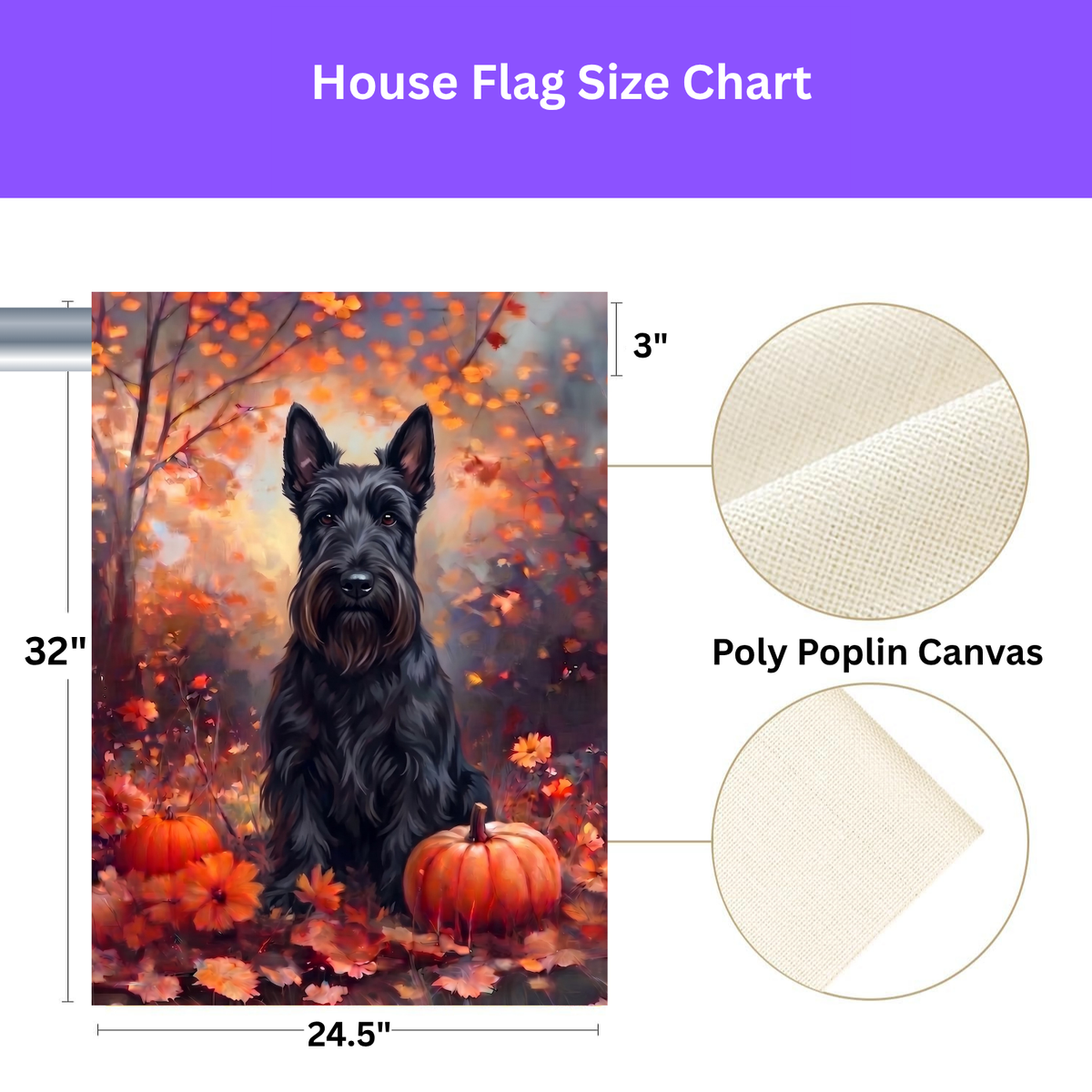 Fall Scottish Terrier With Pumpkins on a garden flag stand in front of a house with autumn landscaping