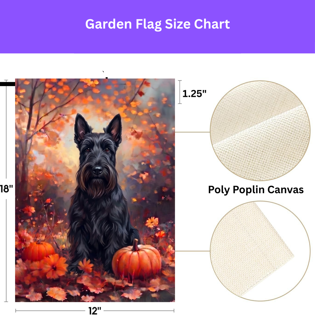 Double-sided display of the Fall Scottish Terrier With Pumpkins showing the identical design on front and back