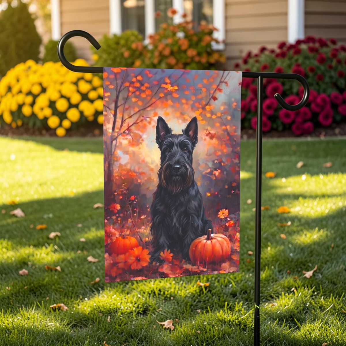 Fall Scottish Terrier With Pumpkins displayed on a garden flag stand in an outdoor garden setting