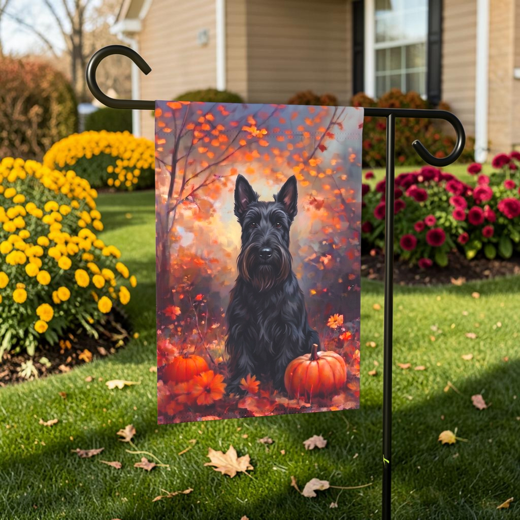 Fall Scottish Terrier With Pumpkins shown on a stand near a walkway with autumn flowers