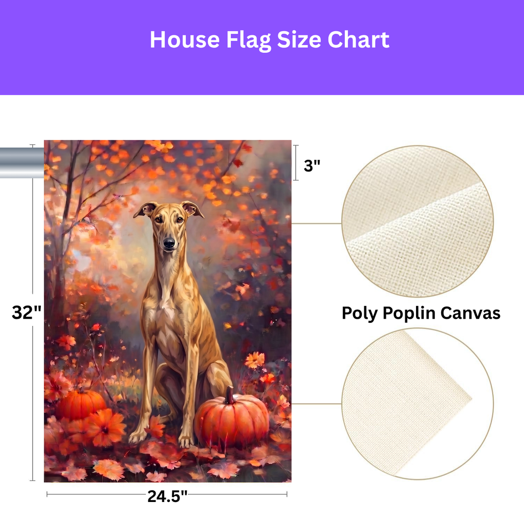 Fall Greyhound With Pumpkins on a garden flag stand in a garden bed with fall flowers