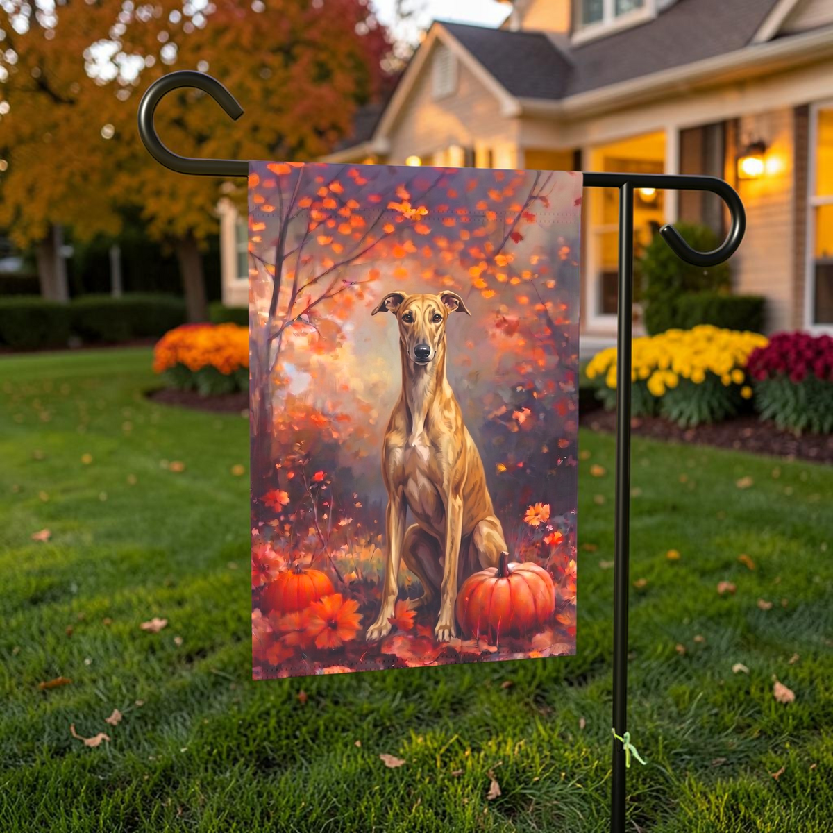 Fall Greyhound With Pumpkins displayed on a garden flag stand in an outdoor garden setting