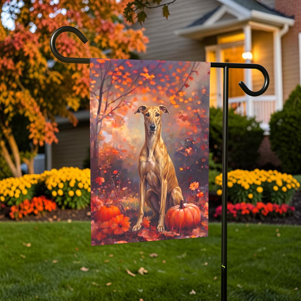 Fall Greyhound With Pumpkins shown on a stand near a walkway with autumn flowers
