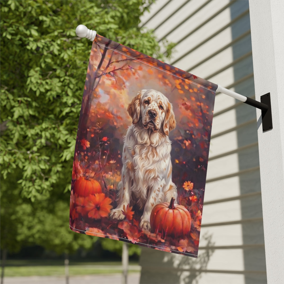 Garden flag size chart for the Fall Clumber Spaniel With Pumpkins showing 12 inch by 18 inch dimensions with a 1.25 inch top sleeve