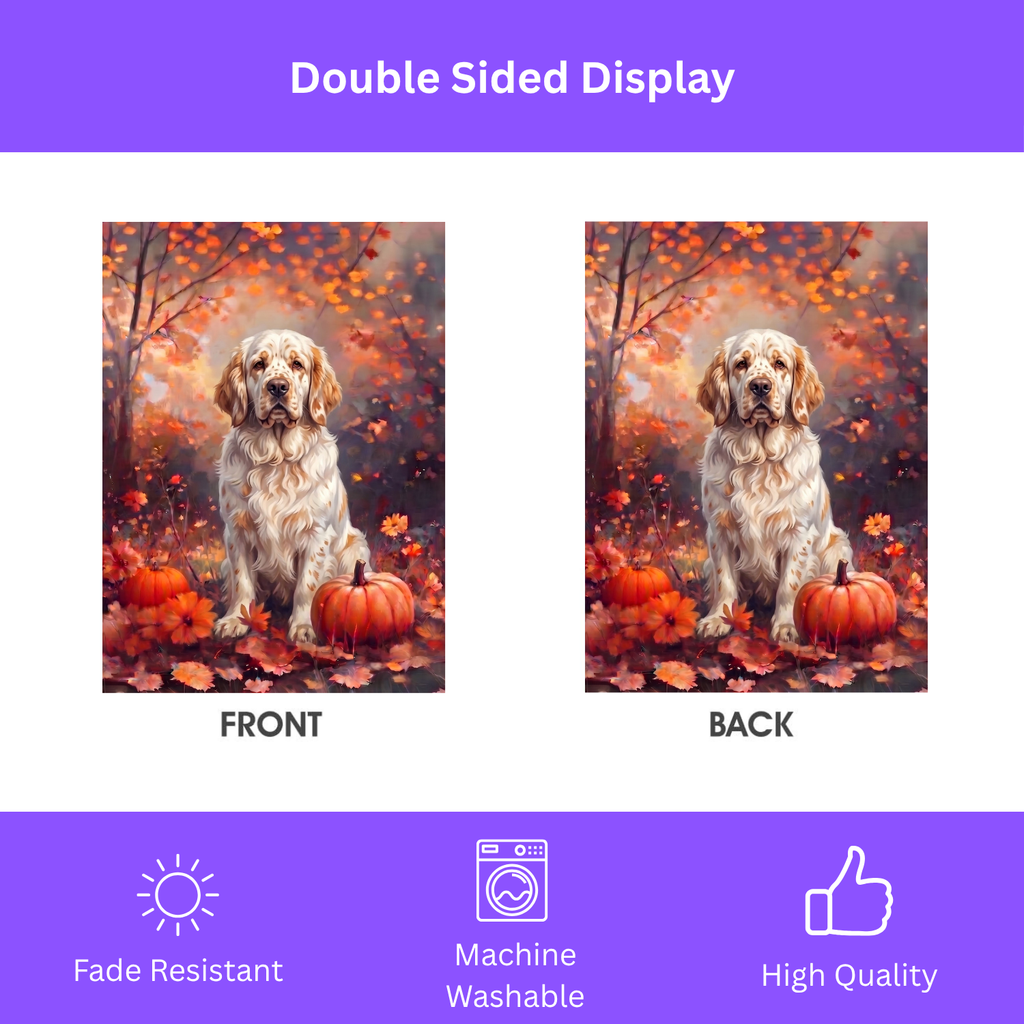 House flag size chart for the Fall Clumber Spaniel With Pumpkins showing 24.5 inch by 32 inch dimensions with a 3 inch top sleeve